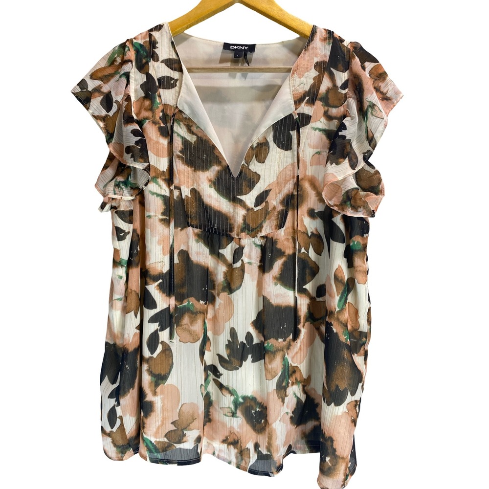 DKNY Womens Floral Ruffle Cap Sleeve Blouse Gold Metallic Stripe‎ V-Neck Top L
